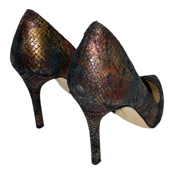 BCBGeneration Treasure Red Gold Leather Snake Print Heel Pointy Toe Pump sz 7.5 - Picture 9 of 13